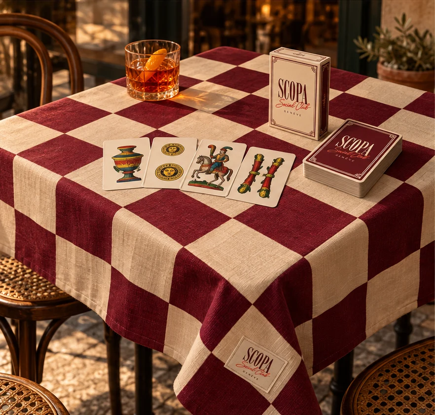 Nappe à damier bordeaux et crème, cartes et cocktail